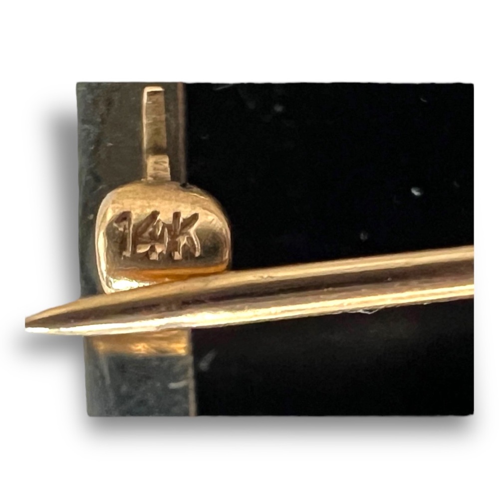 Edwardian 14K Gold Onyx, Seed Pearl, & Old European Cut Diamond Mourning Brooch - Picture 5 of 9